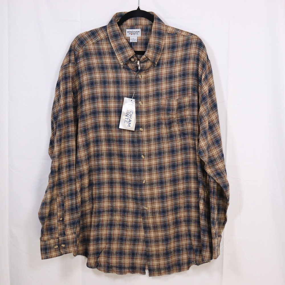 Windham Pointe Flannel Shirt‎ Mens XL Brown Blue Plaid Cotton BEA11176 NWT